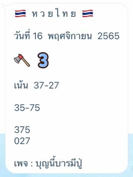 หวยเด็ดงวดนี้ เลขเด็ดหวยไทย วันที่ 16 พฤศจิกายน 2565 ข้อมูลจากเพจ บารนี้บารมีปู่