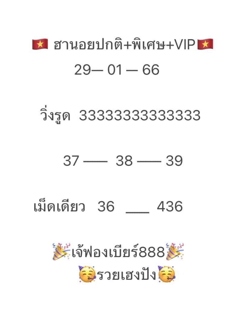 แนวทางเลขเด็ดงวดนี้ฟรี หวยซองฮานอย 29/1/2566 เจ๊ฟองเบียร์ วันนี้